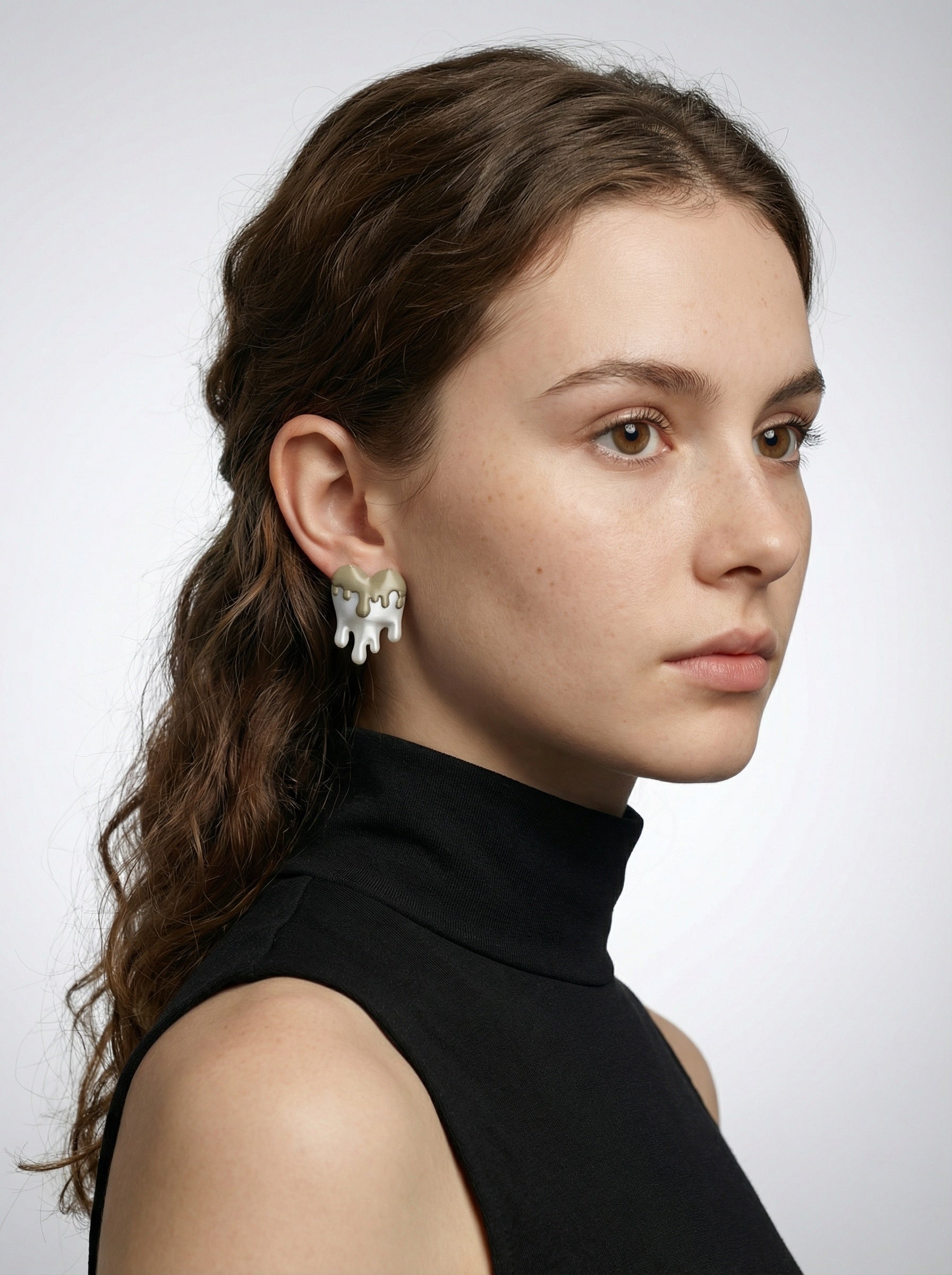 Earrings Hearts Embellished White & Khaki Silk Recycled
